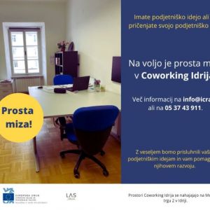 V Coworking Idrija je na voljo prosta miza